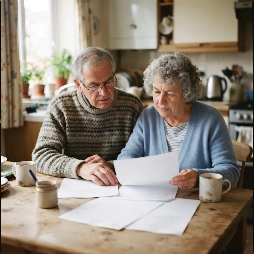 An older couple at a kitchen table going through household paperwork in daylight