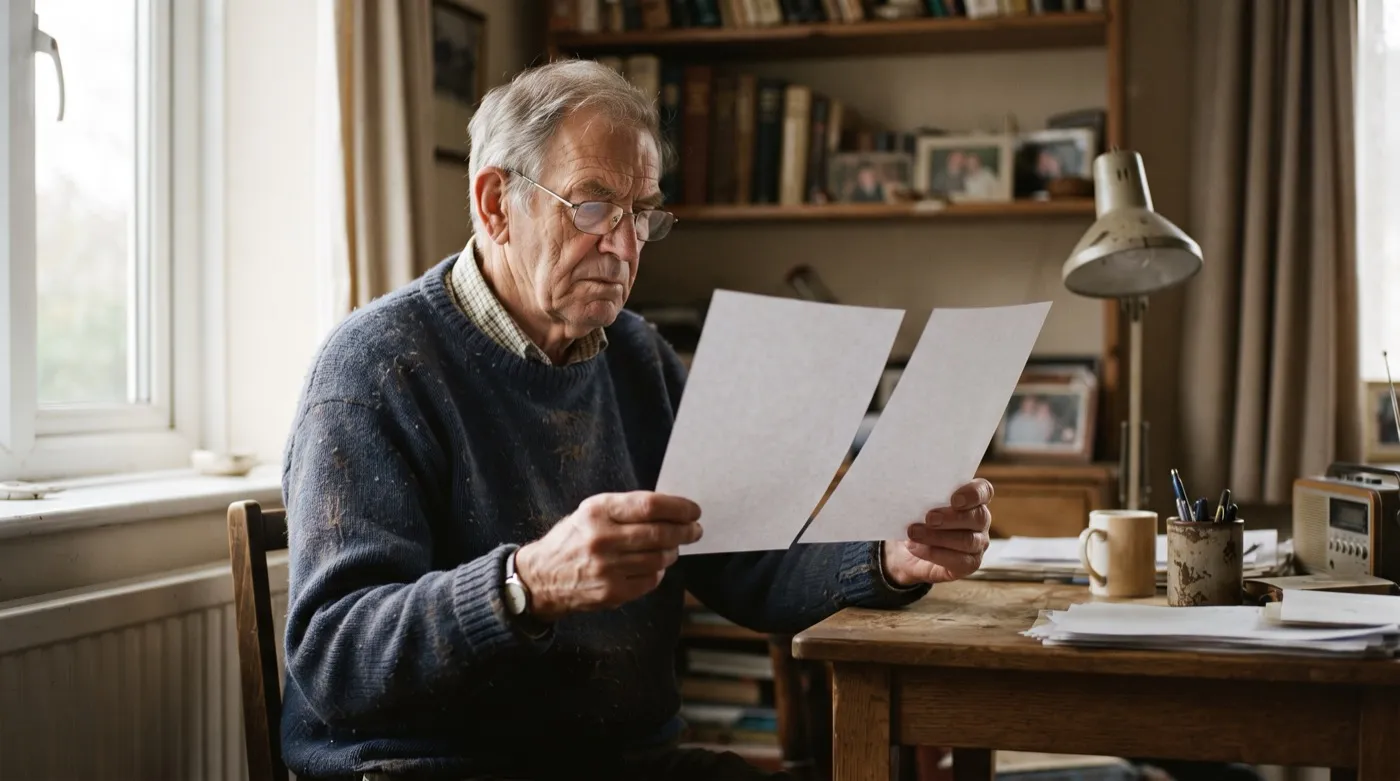 An older man at a desk at home comparing two printed documents in daylight